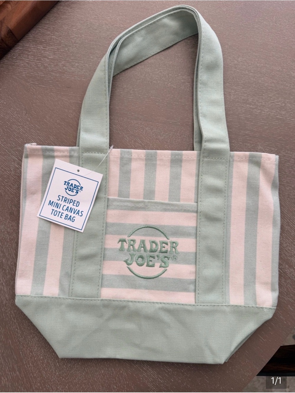 Trader Joe's Green & Cream Stripe Mini Tote Bag - New with Tag